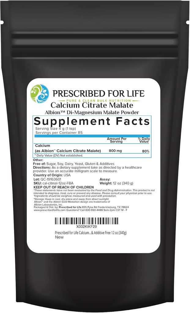Predpísaný pre život Citrát vápenatý, Pure Vegan Calcium Powder, Easy Absorbtion Formule, Non GMO, Filler & Additive Free (340g)
