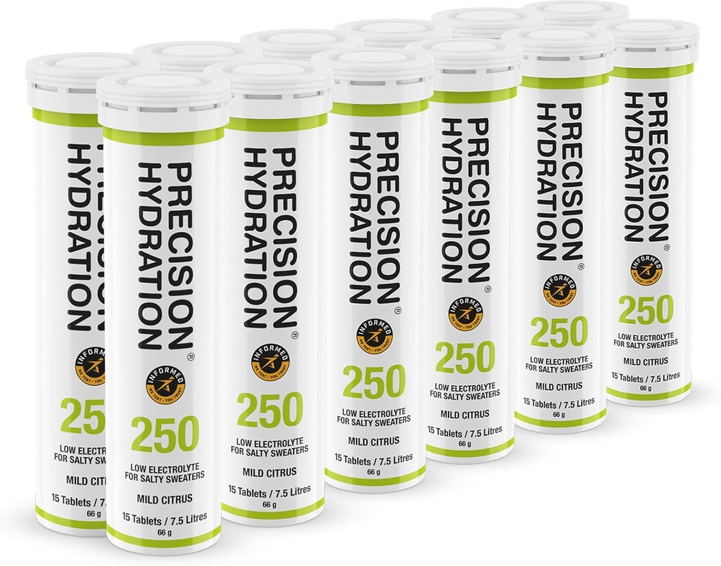 Precision Hydration Electrolyte Drink - Multi Strength Effervescent Hydration Tablets - Nízke kalórie, Gluten Free, Vegan/Vegetarian Friendly (12 Tubes, 250mg/L - Green Tube)