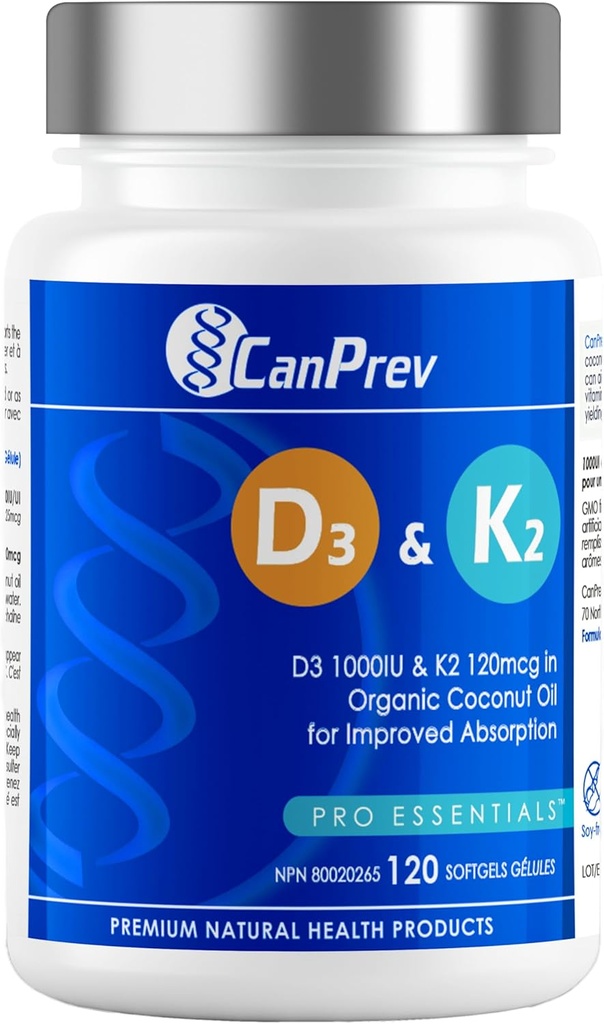 CanPredch. D3 & K2 Vitamíny 120 Softgely, 120-Day Supply, 1000IU Vitamín D3 & 120mcg K2, podporuje silné kosti, zuby a srdce Wellness, Easy-to-Absorb s organickým kokosovým olejom, No GMO, Gluten, Soy, Dairy
