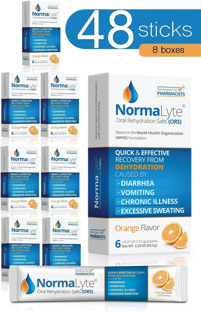 NormaLyte perorálne rehydratačné soli-48 tyčinky balenia (Výnosy 500ml v balení)-Orange