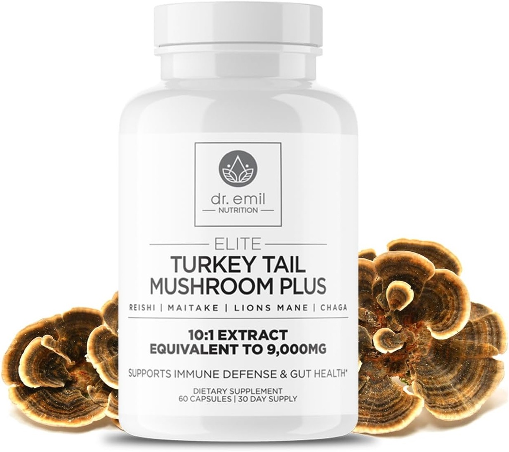 DR. EMIL NUTRITION Turecko chvostové mušty Kapsule - Turecko chvostové huby Supplement for Imunity & Gut Health - Elite Formula with Lion's Mane, Chaga, Reishi & Maitake