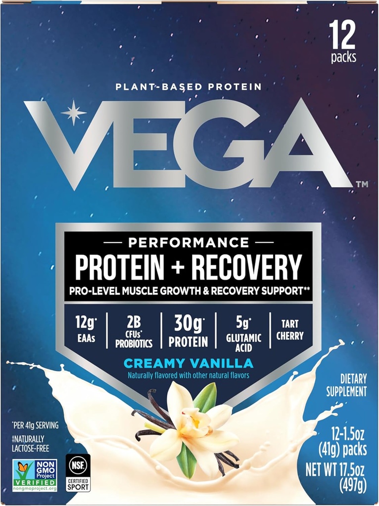 Vega Protein + Recovery - 30g Plant-Based Protein per Serving, Vanilla, 12 x 1.6oz Vrecká, 5g BCAA, Probiotiká, NSF Certified, Pre Shakes & Smoothies, (Backaging May Vary)