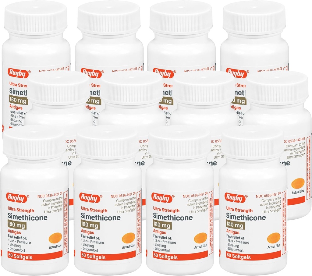 Rugby Ultra Strength Simeticone Gas Relief 180 mg - Maximum Gas Relief for Adults - May Help with Symps of Flatulency, Bloating, Gas Fullness - 60 Softgels (12 Pack)