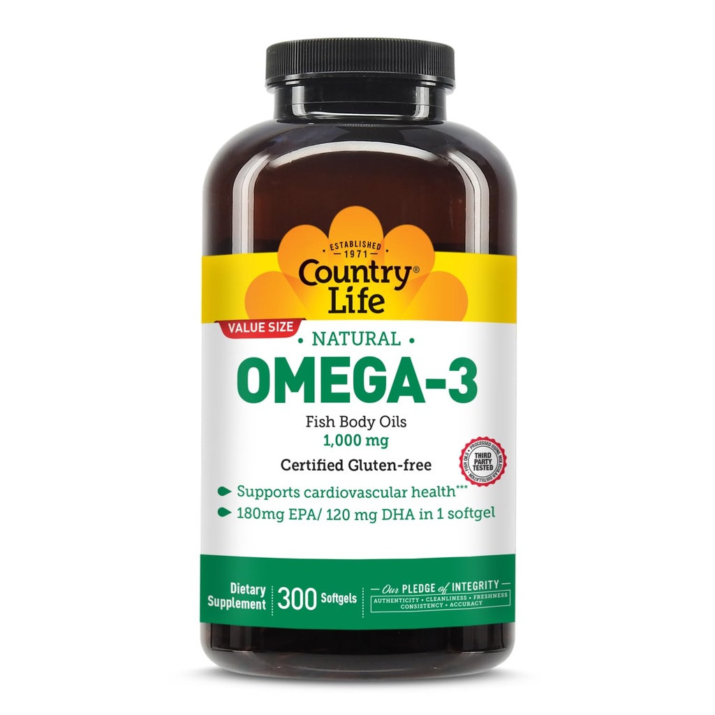 Country Life Omega-3 Fish Oil Supplement, 1000mg, 180mg EPA & 120mg DHA, Fish Oil Concentration, Burpless, 300 Softgels, Certified Gluten Free