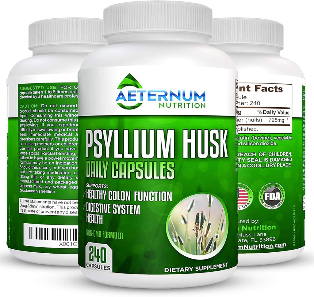Aeternum Psyllium Husk Caps USA Made - Premium All Natural Fiber Supplement - 240 Husk Powder Capsules 725 Mg per Serving, podporuje zdravý tráviaci systém - Všetky prírodné 100% Rozpustné