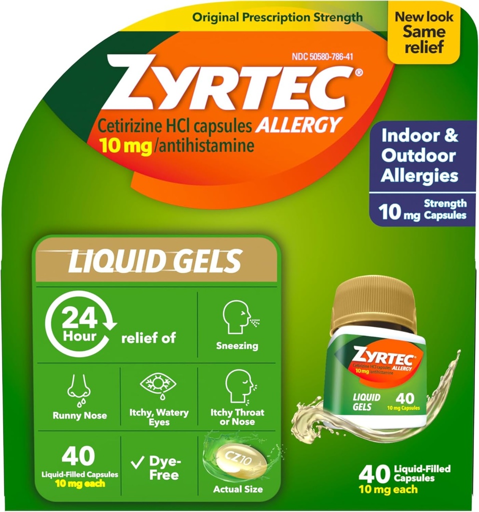 Zyrtec 24 Hodinová úľava na alergiu Tekuté gély, Antihistaminiká Kapsule s cetirizínom HCl Alergická medicína pre všetky dni Relief z Runny nose, sipot, svrbenie očí a viac, 40 Počet