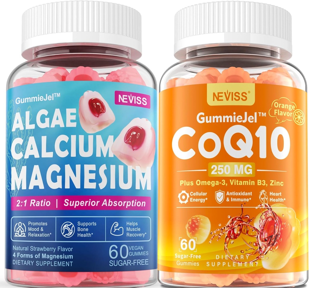 Bezcukrové kalcium doplnok 600 mg, Algae vápnik Magnézium 2:1 pomer + CoQ10-250mg bez cukru naplnené Gummy, vysoká absorpcia Koenzým Q10
