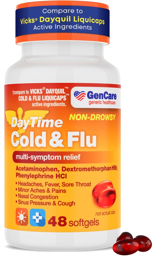 GenCare - Multi Symptom Non Drowsy Daytime Cold & Flu Relief Acetaminophen 325mg, Dextrometorfan HB 10mg, Fenylephrine HCl 5mg (48 Softgels) Non Habit forming Pain Reliever & Nasal Decongestant