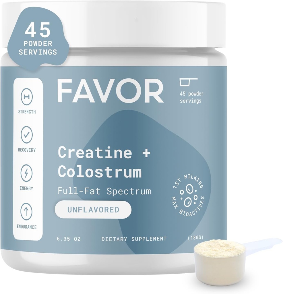 Favor Creatin and Bovine Colostrum Powder - Creatine Monohydrate Cow Colostrum Supplement, High IgG Imunoglobulín, sila, svalové zotavenie a zdravie Gut pre mužov a ženy, 45 slúžiace, bez príchute