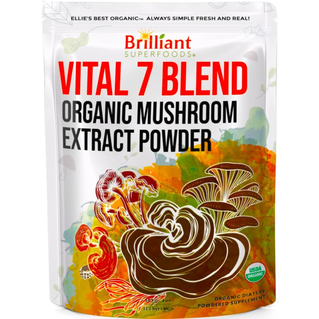 Ellie je najlepší 7 Huba prášok extrakt Blend Supplement Organic 114 Slúži vysokej potencie Double Extracted Cordyceps, Reishi, Turkey Tail, Chaga, Lion's Mane - 4oz