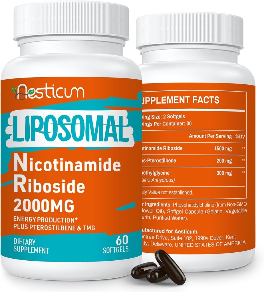 2000 MG Lipozomálny nikotínamid Riboside Supplement with TMG & Pterostilbene, High Biodostupnosť NAD+ Posilnenie doplnok, Superior to Niacinamide for Energy, Imunity, Age Rezistence, 120 Softgels