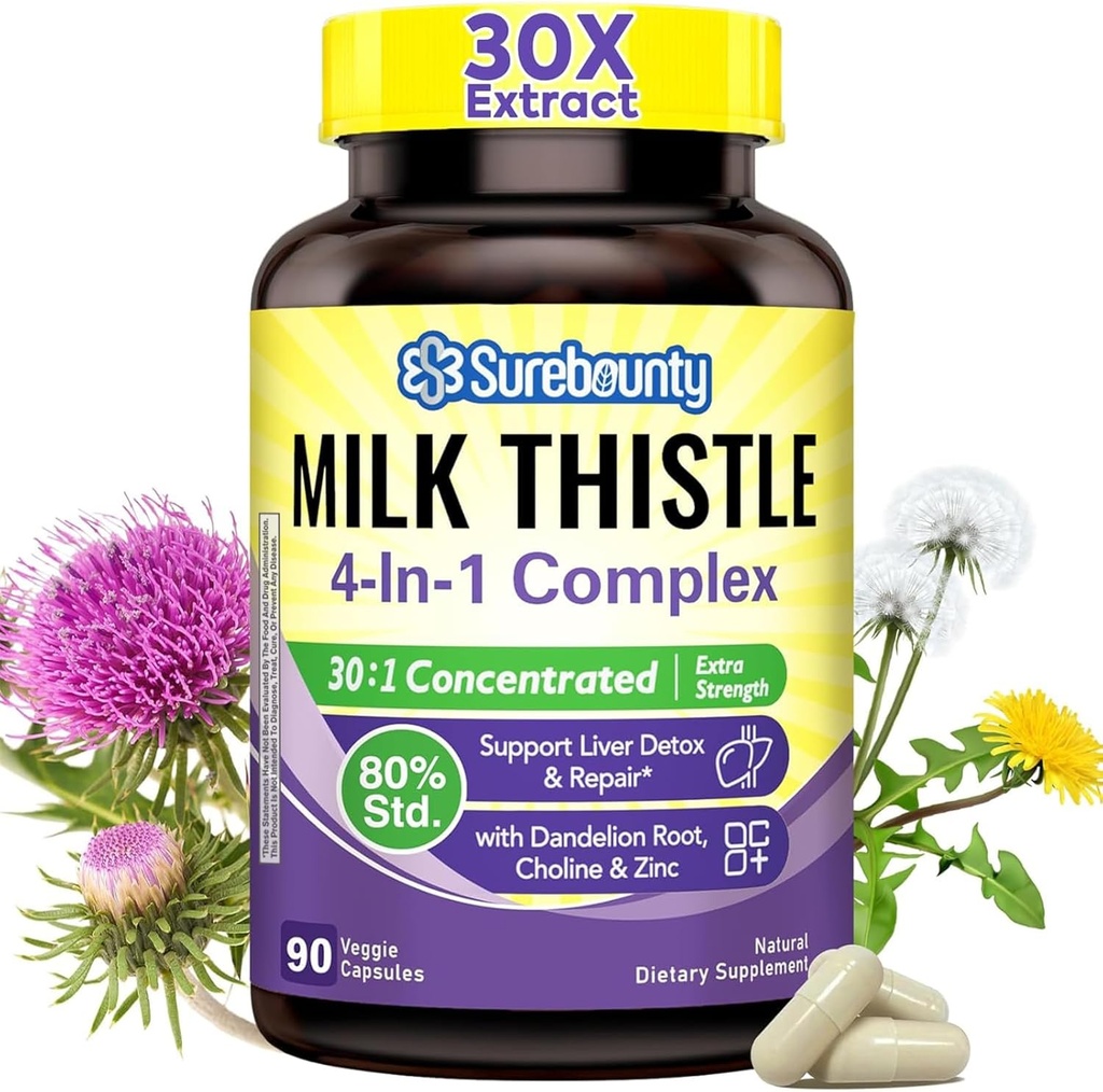 4-in-1 Milk Thistle Complex, 9000 mg Strength, 30X Concentrated Seed Extract, with Dandelion, Choline, Zinok, Mastné pečeňové doplnky, Pečeň podpora, non-GMO, 90 Veggie Caps, 3 mesiace dodávky