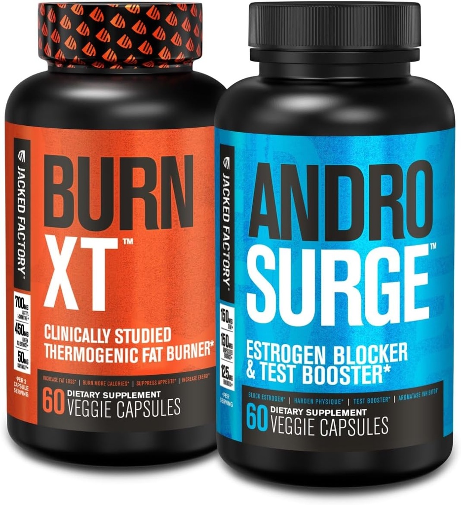 Jacked Factory Burn-XT termogénna spaľovač tukov - chuť k jedlu Potláčací prostriedok pre chudnutie a Androsurge Estrogen blokátor pre mužov - Testosterón Booster