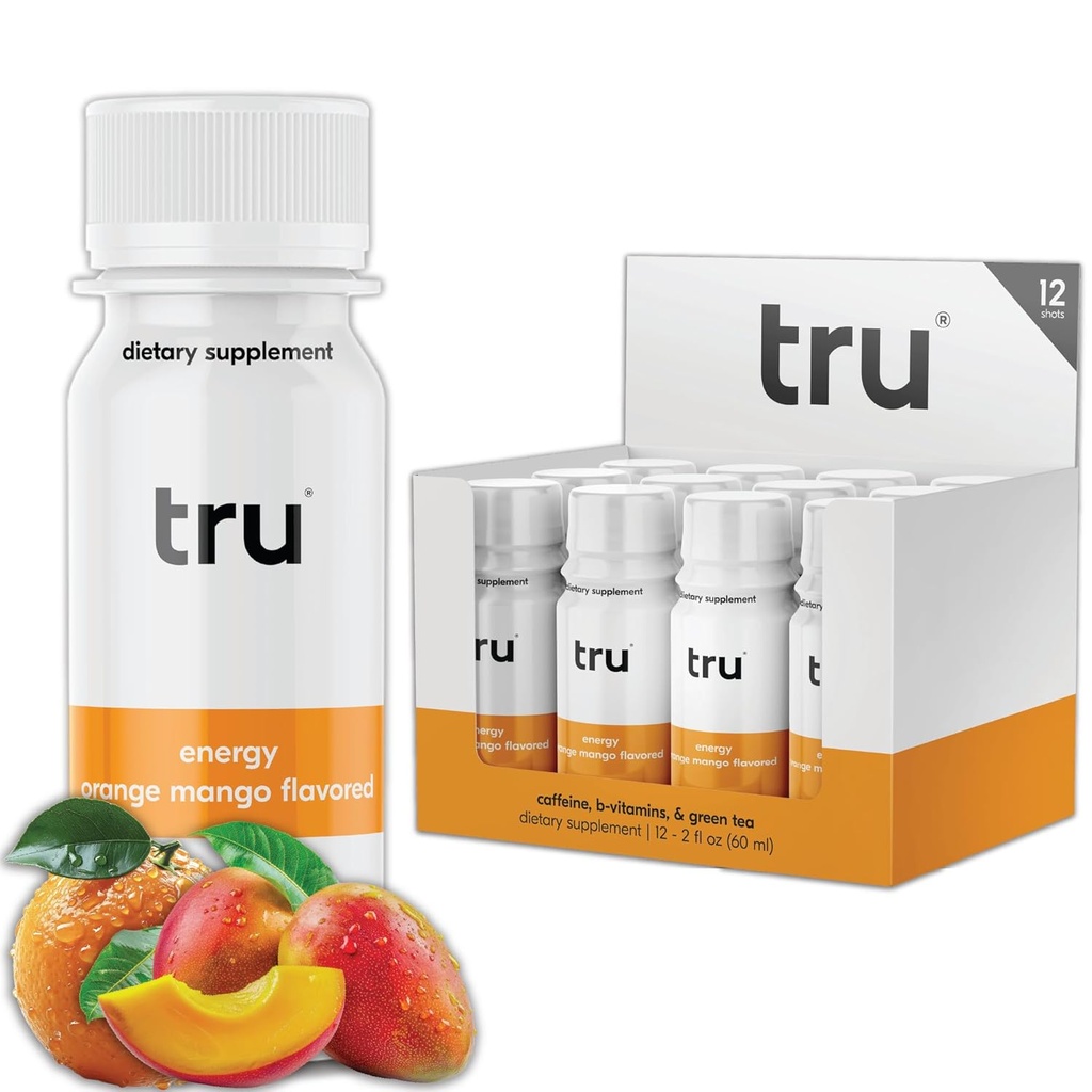 Tru Energy Shot, Extra sila Energetický nápoj s prírodným kofeínom, zelený čaj, B vitamíny B3, B6 a vitamín B12, Zero Cukor a kalórie, Keto, Vegan, Gluten Free, Orange Mango, 2 FL OZ fľaše, 12 balenia