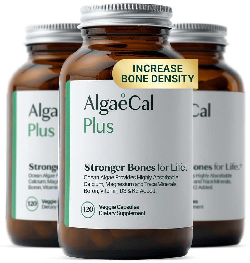 ALGAECAL Organic Red Algae kalcium doplnok pre kostnú hustotu a silu, vitamín K2 MK7 (100 mg), vitamín D3 (1600 IU), horčík (350 mg) a stopové minerály, ľahko sa prehĺtajú, 120 Veggie Caps