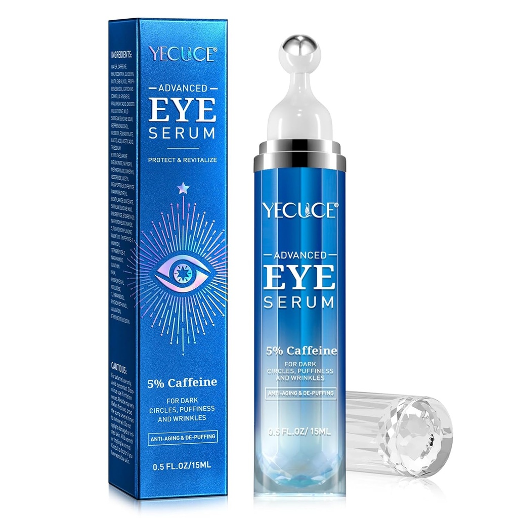 5% Caffeine Peptide Eye Serum, Pod očným kolieskovým krémom pre tmavé kruhy, opuchy, tašky pod očami - 360° masážny krém pre vrásky, jemné linky a spevňujúce (modrá)