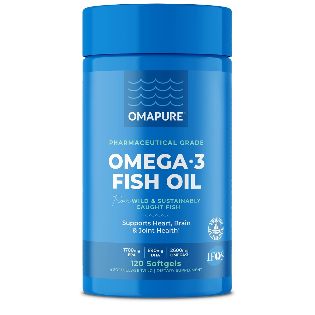 OMAPURE Fish Oil Doplnky s Omega 3 mastné kyseliny (1 fľaša, 120 Softgels) - Vysoká EPA, DHA, & IFOS Fish Oil Tabletky na podporu srdca a spoločného zdravia - Burpless Fish Oil podporuje funkciu mozgu