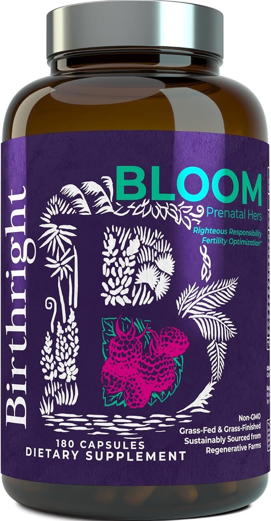 Narodenie práva Kompletné prenatálne doplnky pre vývoj plodu... Folát, cholín + DHA, z Grass Fed Pečeň, Rybie vajcia, Colostrum, Bone Marrow, s All Natural Herbal Blend Bloom