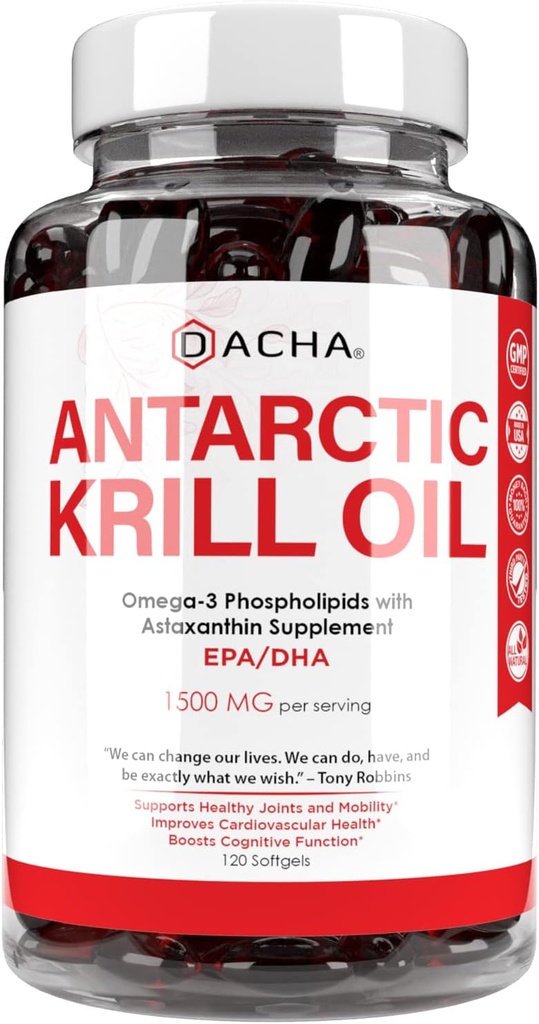 Premium Antarktída Krill Oil Supplement Softgels 1500 mg with Natural Omega-3, Astaxantin and Fosfolipids 120 Soft Gels, 180mg EPA & 120mg DHA for Immune, Memory Support, Heart Health Non-GMO