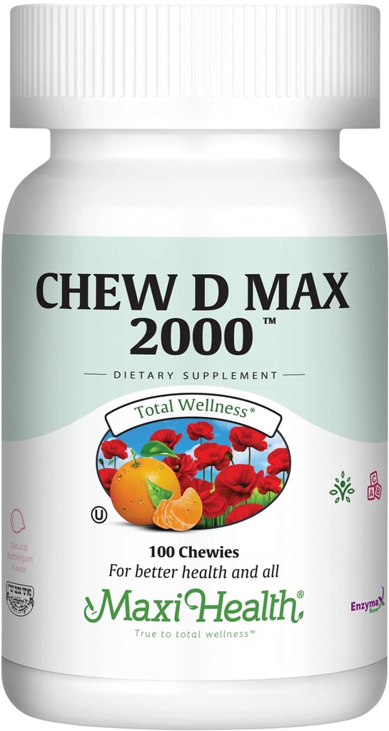 Maxi Health Žuvateľný vitamín D3 2000 IU doplnok - Delicious Natural Bubble Gum flavor - podporuje vstrebávanie vápnika, imunitné a kostné zdravie u dospelých žien, mužov, detí a batoliat - 100 žuvačiek