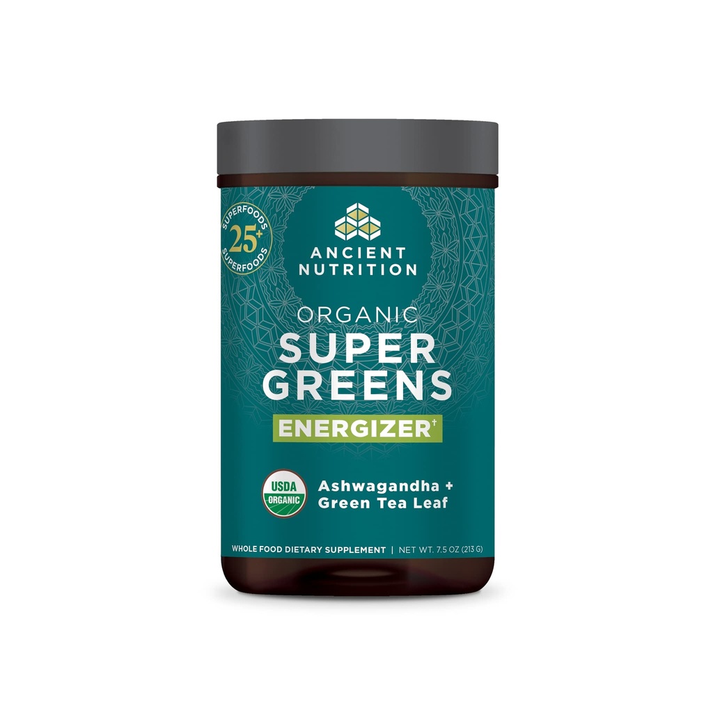 Staroveká výživa Organické Supergreens Energizer Powder s probiotikami a B12, vyrobené z reálneho ovocia, Zelenina a bylinky, pre trávenie, detoxikácia a energetická podpora, 25 Servisov