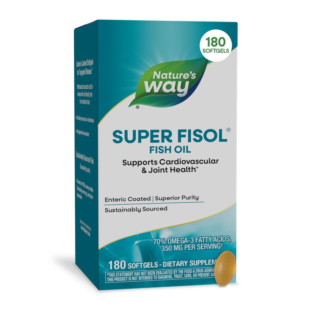 Nature's Way Super Fisol Fish Oil, enteric Coated, podporuje kardiovaskulárne a spoločné zdravie*, Mega Potency Omega-3s, 180 Softgels (Backaging May Vary)