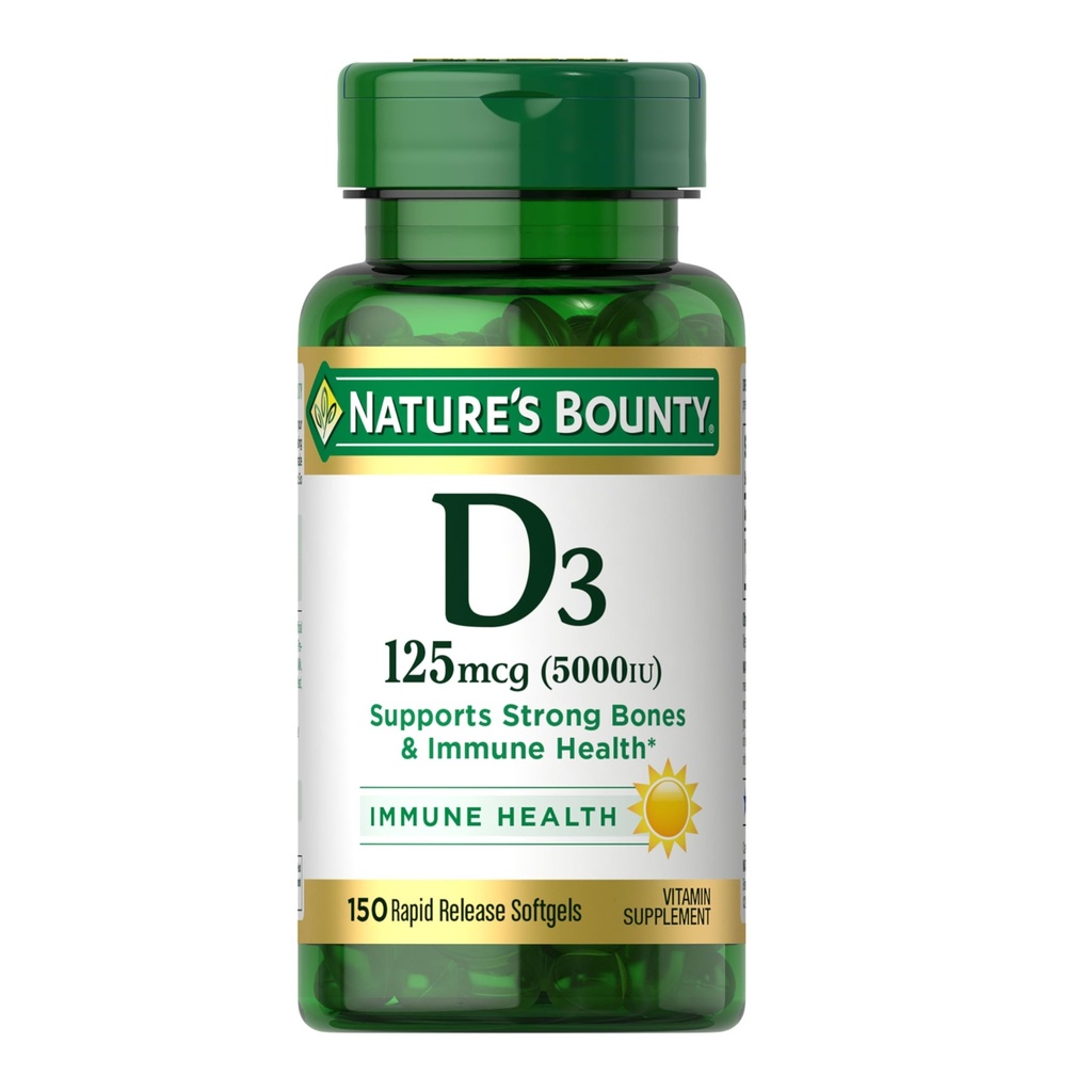 Prírodné Bounty Vitamín D3 5000 IU Softgels, Rýchle uvoľnenie, Imunitná podpora, Vitamín D doplnky, 150 Ct