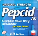 Pepcid AC Tablety na úľavu od pálenia záhy, zabraňujú páleniu záhy a zmierňujú pálenie záhy kvôli tráveniu s kyselinou a žalúdku, 10 mg famotidínu na zníženie a kontrolu kyseliny, rýchle pôsobenie, 60 Ct