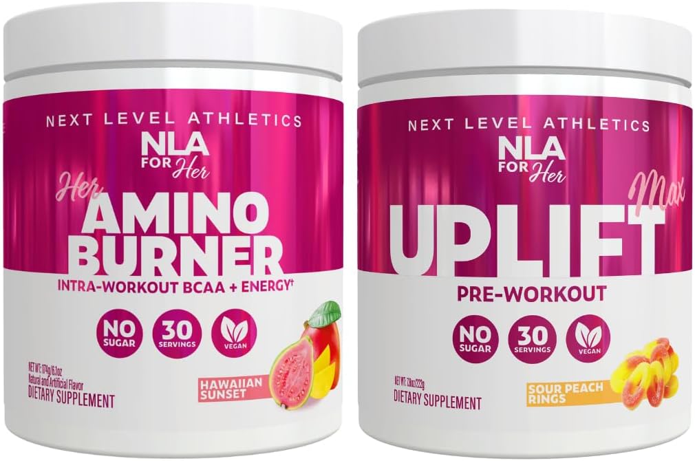 NLA pre jej pred/intra cvičenie Stack (vrátane jej Thermogenickej Amino Hawaiian Sunset a pozdvihnutie Max Pre Cvičenie Sour Peach Rings)
