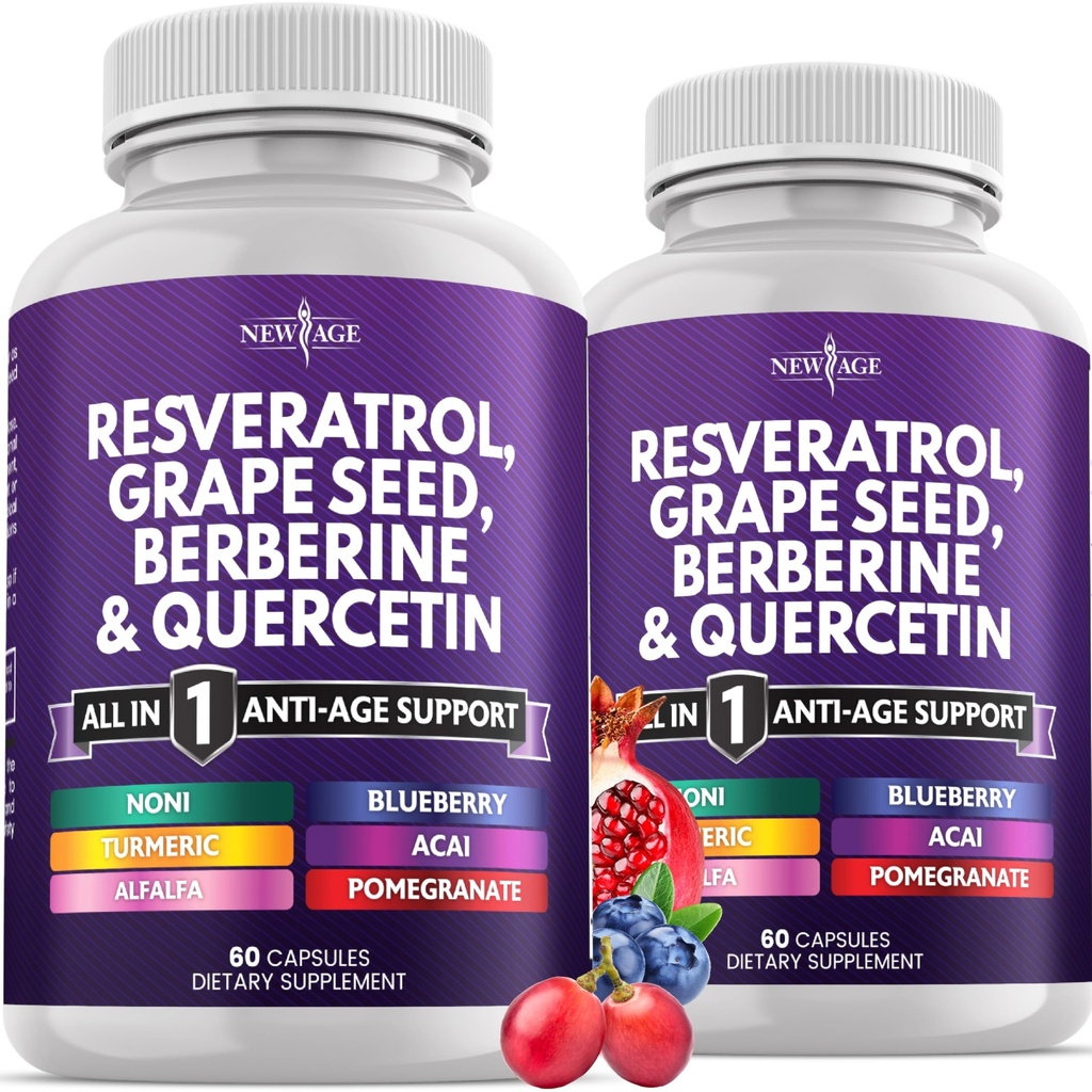 NEW AGE Resveratrol, Berberine, Grape Seed Extract, Quercetin, Polyfenol Supplement for Women and Men with Noni Extract, N-Acetyl Cysteine, Acai Extract - 120 Kapsule