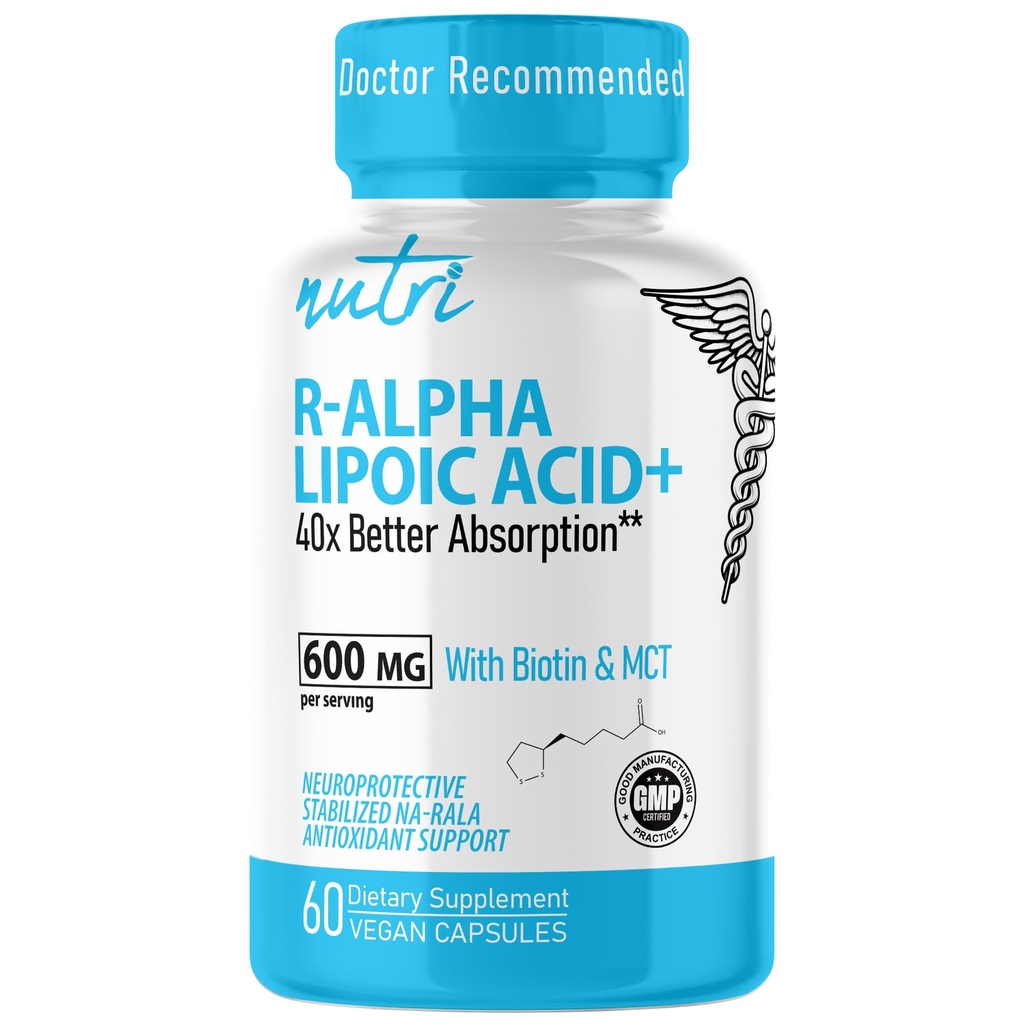 Nutri R Alpha Lipoic Acid 600 mg kapsuly - R Kyselina lipová Stabilizovaná s biotínom - aktívna forma R-ALA - 600 mg Klinické dávkovanie - Výkonný Cellular Energy Support - 60 Vegánskych kapsúl - RALA