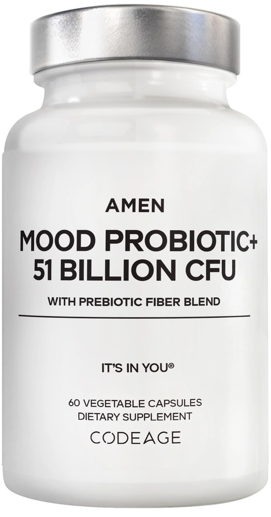 Amen Mood Probiotic Supplement 51 Billion CFU - Organic Prebiotics and Probiotics - Acidophilus Probiotic Pills, Fibers - Mood Organic Ashwagandha, Blueberries - Vegan & Non-GMO - 60 Kapsule