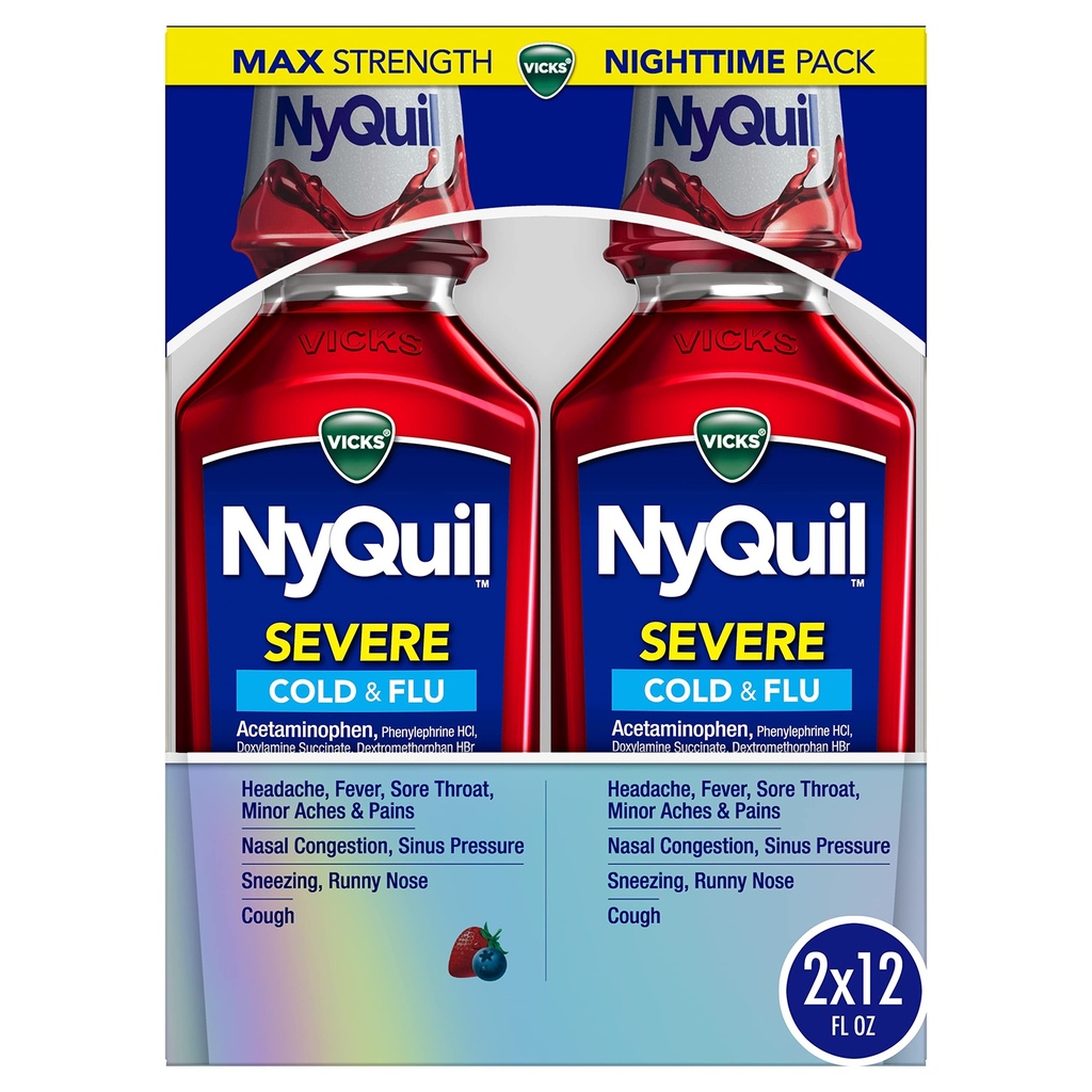 Vicks NyQuil SEVERE Cold, Flu, and Congestion Medicine, 2x12 fl oz Twin Pack, Berry Flavor, Maximálna sila, Nočná úľava