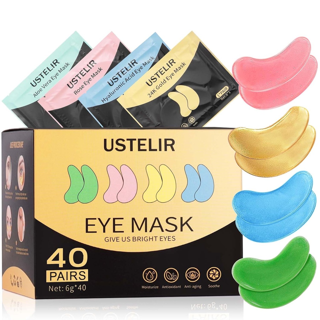 Pod očnými pásmi, 40 párov očnej masky pre tmavé kruhy, opuchnuté oči, vrecúška pod očami, vrásky, Eye masky s 24K zlatom, kyselinou hyalurónovou, ružovou a aloe vera, starostlivosť o o oko starostlivosť o pokožku mužov a žien