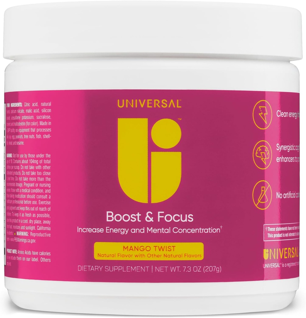 Univerzálny U Boost & Focus Powder, Zvýšenie energie a kognitívny výkon, Pre cvičenie, Vlastné dávkovanie, VIT B12, Niacin, Choline, L-Tyrosine, Žiadne umelé príchute, 30 Slúži (Mango Twist)