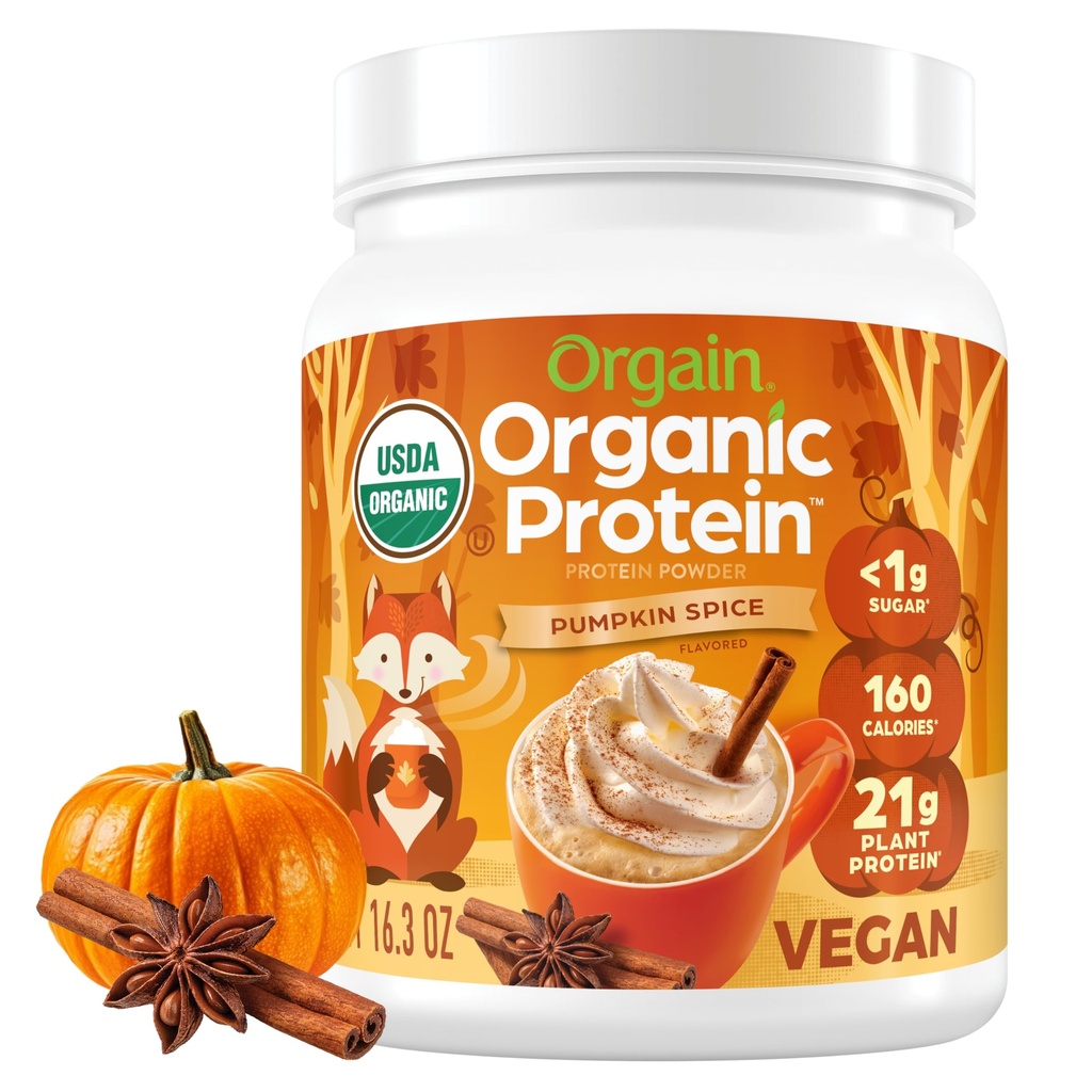 Orgain Organic Vegan Protein Powder, Pumpkin Spice Seasonal Flavor - 21g rastlinných bielkovín, 5g Prebiotické Fiber, Žiadne zložky laktózy, Žiadny pridaný cukor, non-GMO, Pre Shakes & Smoothies, 1.02 lb