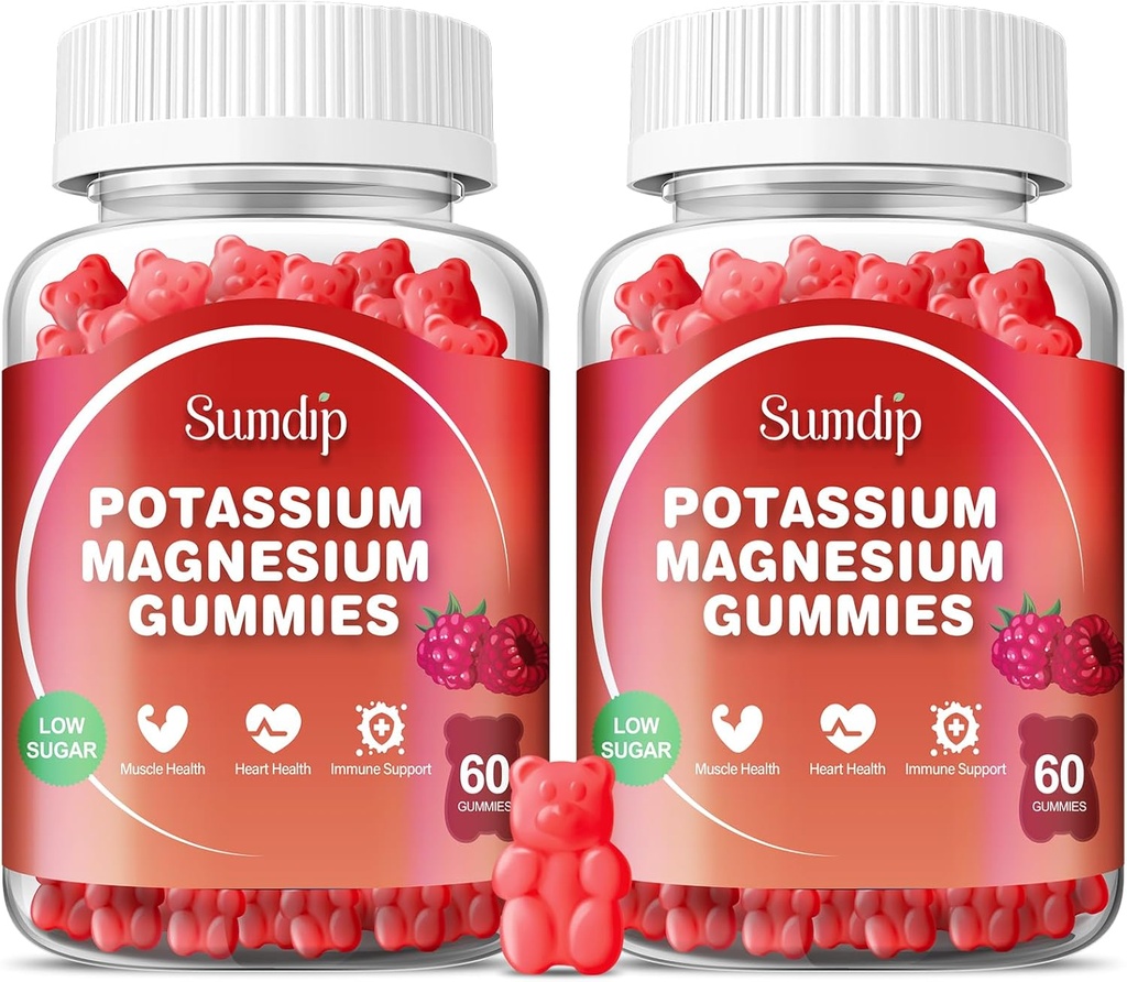 Magnézium Draslík Gumies, Svalové a srdcové zdravie, Noha Cramps and Sleep, Drasel Supplements Vegan Gummy Non-GMO Gluten Free 60 Gummies-2 Balenie, Malinová