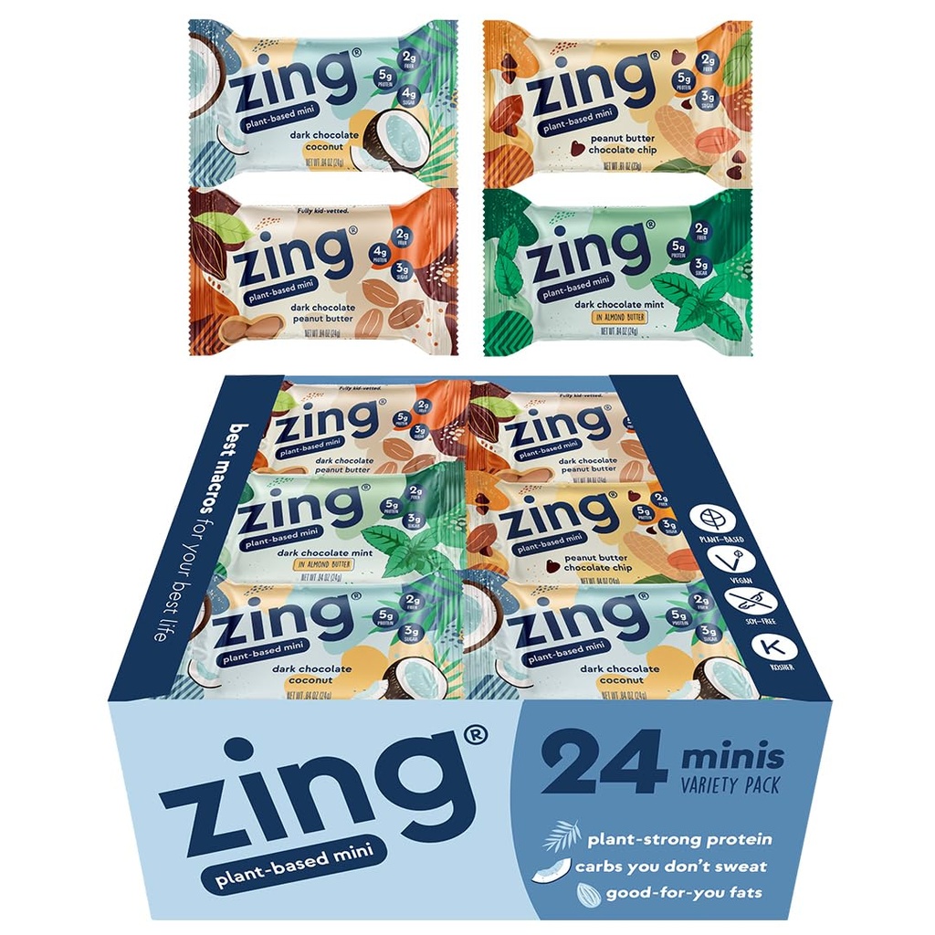 Zing Kids Protein Bars Variate Pack, Gluten Free 100 Calorie Mini Bary s vysokým obsahom bielkovín, Vegan Nutrition Bars, Dairy Free Plant Based Protein - 24 počet