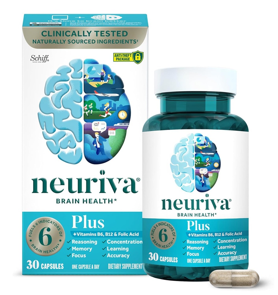NEURIVA Plus doplnok mozgu pre pamäť, zameranie a koncentráciu + kognitívna funkcia s klinicky testovanými nootropnými látkami Fosfatidylserín a neurofaktor, vitamíny B6 a B12, 30 počet kapsúl