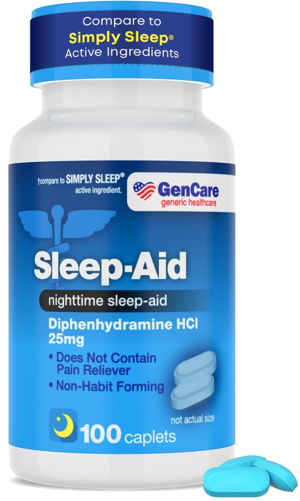 GenCare - Spánková pomoc Difenhydramín HCL 25mg Modré viečka (100 Caplets) - Non Habit formovanie nočný spánok pilulky pre dospelých k pádu Asleep rýchlejšie a spať prehlbšie cez noc - spánkové pomôcky