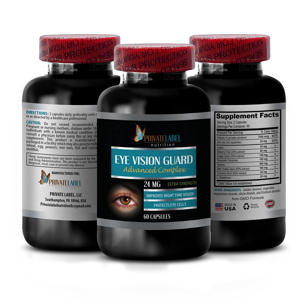 Vision Vitamíny s lutein - Očná vision Guard 24 MG - Advanced Complex, Eye Vision Support, Lutein Supplements, Vitamín A Supplement, Turmeric Extract, Čučoriedkový extrakt, Taurín, 1 Bot 60 Kapsule