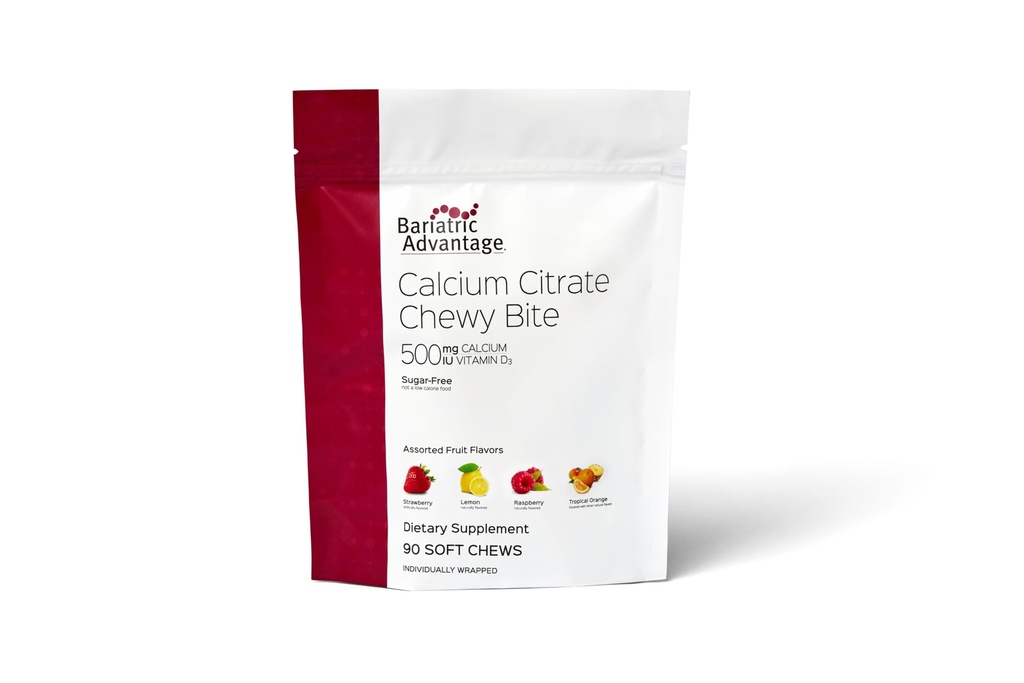Bariatrická výhoda Vápnik Citrát Chewy Bites 500 mg - Vysoko absorpčné a dispergovateľné - Vitamín D3 - Ľahko žuvacie kalcium doplnok - rôzne ovocie - 90 Počet