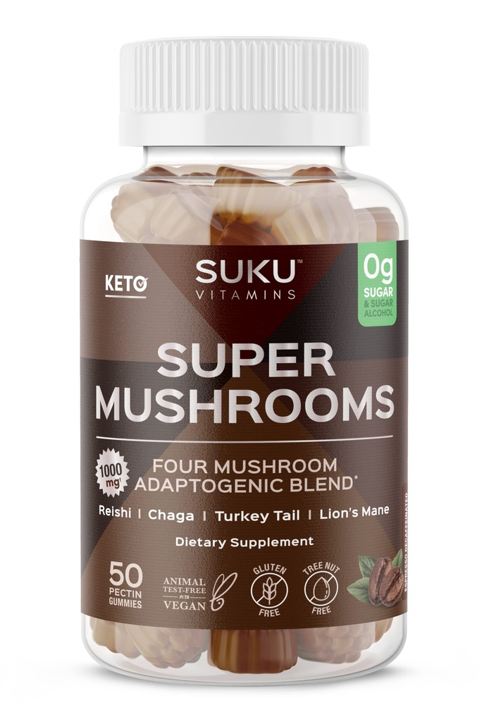 Vitamíny SUKU - Super Huba - Reishi Chaga, Morčacie chvosty a levy Mane Blend Gummy pre imunitu - Ľahko žuť - Non GMO, Gluten bez cukru - Espresso Decaffeinated Ochutené Gummy Vitamíny, 50 Počet