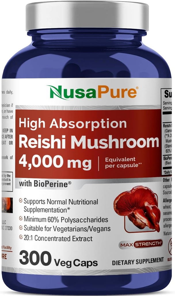 NusaPure Reishi Mushrom Extract 20:1 Extract, 200 mg Equivalent to 4000mg per Capsule 300 Veggie Caps Vegan, Non-GMO, Vegan