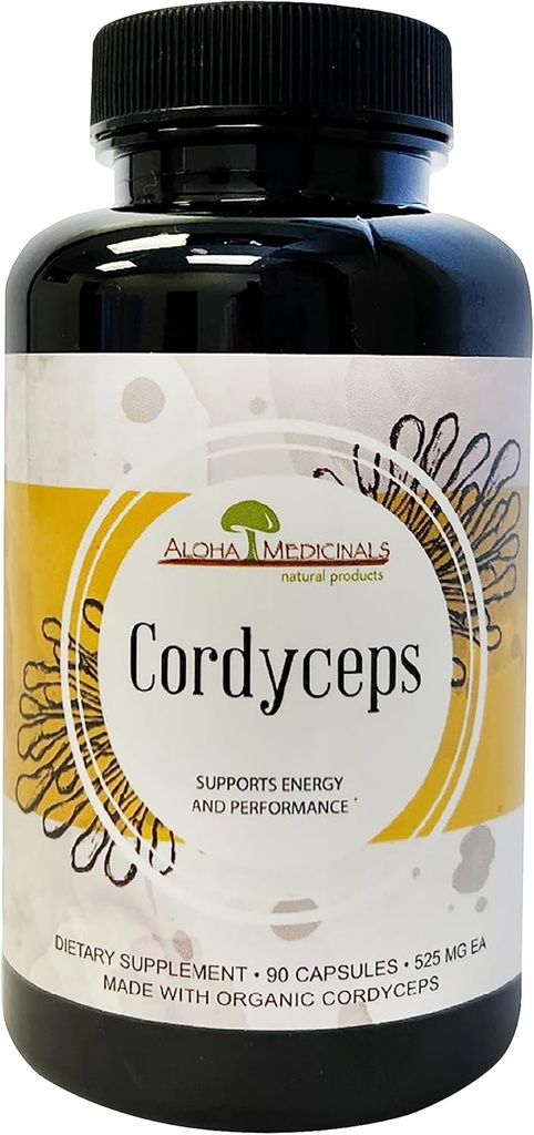Aloha Medicines Pure Cordyceps, Certified Organic Mushrom Supplement, Supports Imunity and Energy, Balenie po 1, 90 kapsúl