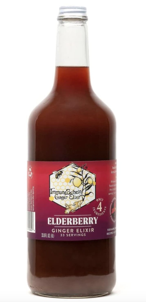 ImmuneSchein Elderberry Ginger Elixir Shots - Iba 4 skutočné potravinové zložky, bez vody, ocot alebo konzervačné látky: Ručne vyrobené z organických zázvorových koreňov a bazových plodov (33,8 fl oz, 1 balenie)