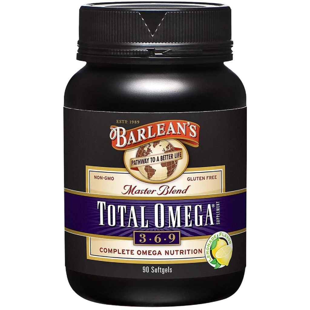 Barlean total Omega 3 6 9 Softgels, zmesový rybí olej doplnok s Borage a ľanový olej, 1000 mg Omegas ALA, EPA, DHA a GLA pre spoločné podporné doplnky a zdravie srdca, 90 Počet