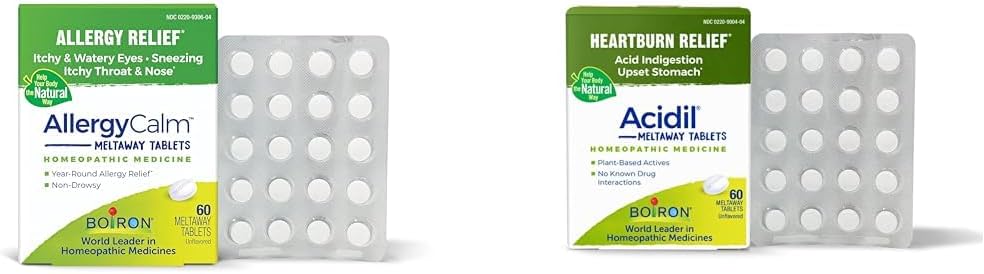 Boiron Alergia a kyselina Reflux Relief Bundle s AlergyCalm Tablety (60 Počet) a Acidil pre Acid Reflux a poruchy trávenia (60 Počet)