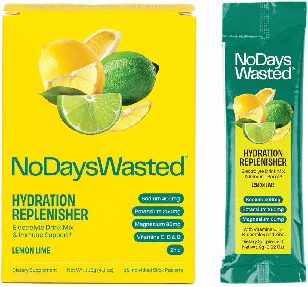 Žiadne dni plytvanie hydratáciou Replenisher 15 Počet - Electrolyte prášok nápoj Mix - citrónová vápno - sodík a draslík na rehydratáciu Plus vitamíny na podporu (15 počet)