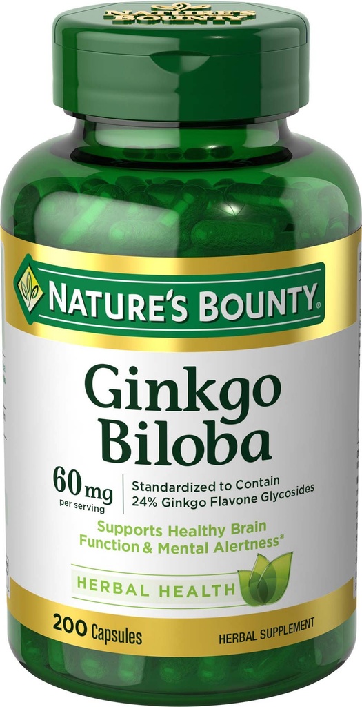 Nature's Bounty Ginkgo Biloba, podporuje zdravú funkciu mozgu, bylinné doplnky, 60 Mg, 200 kapsúl
